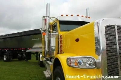 Yellow 389 Peterbilt Front Corner Grill View