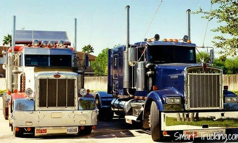 Red White 377 Peterbilt and 1993 Blue Kenworth W900B