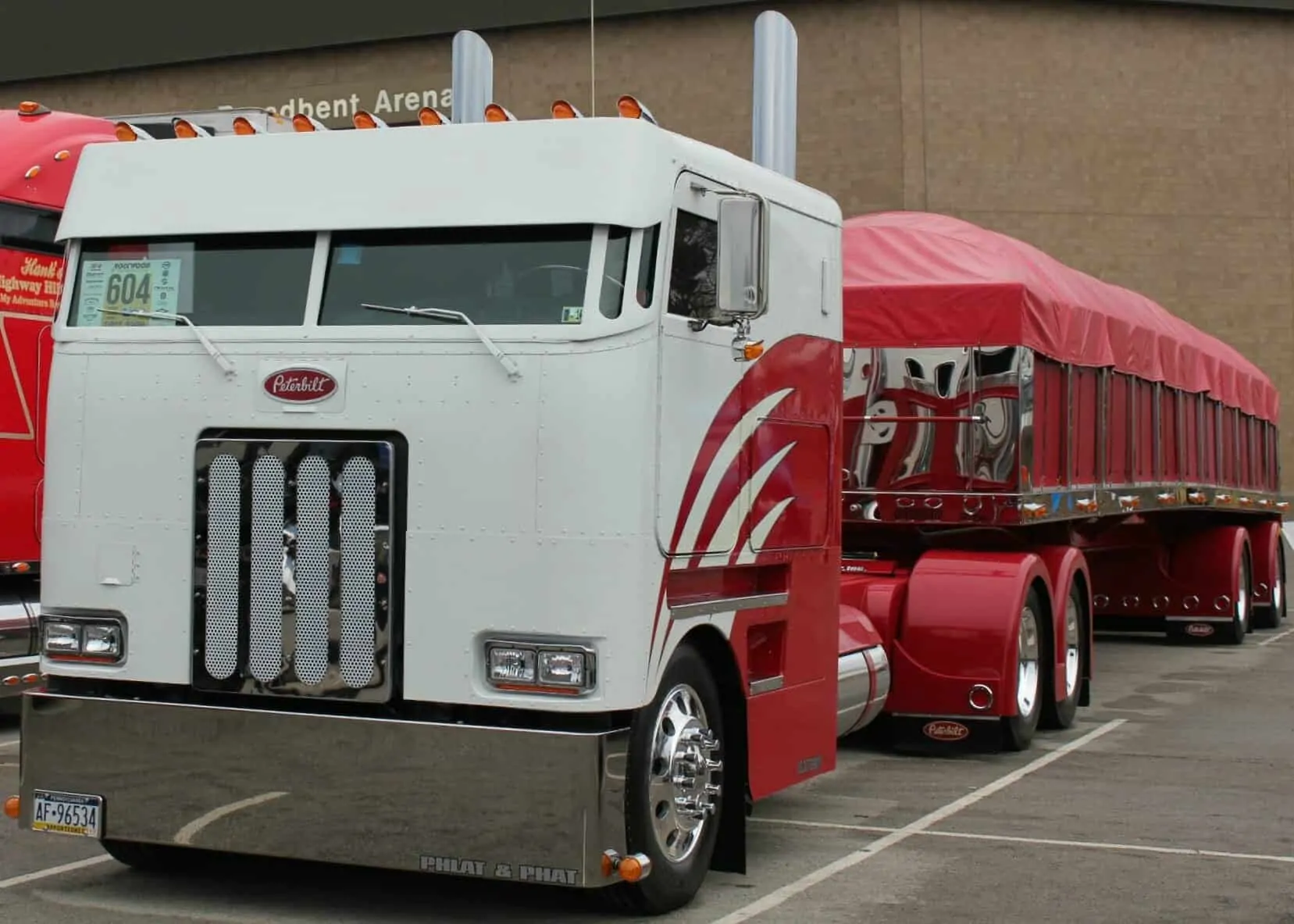 red white peterbilt cabover truck