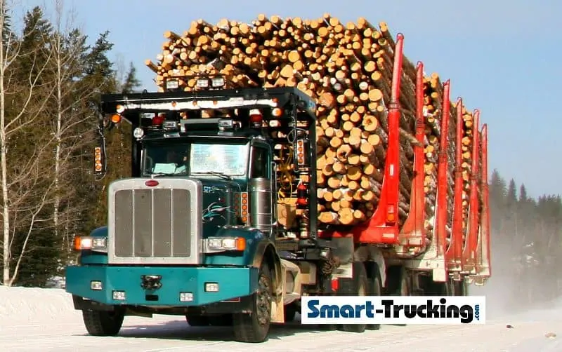 Green Peterbilt Logging Truck Loaded to Max