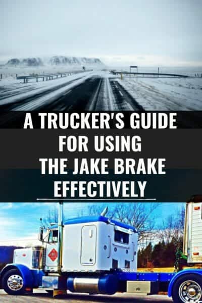 Bleak snow covered road and a classic model 379 white and blue Peterbilt truck