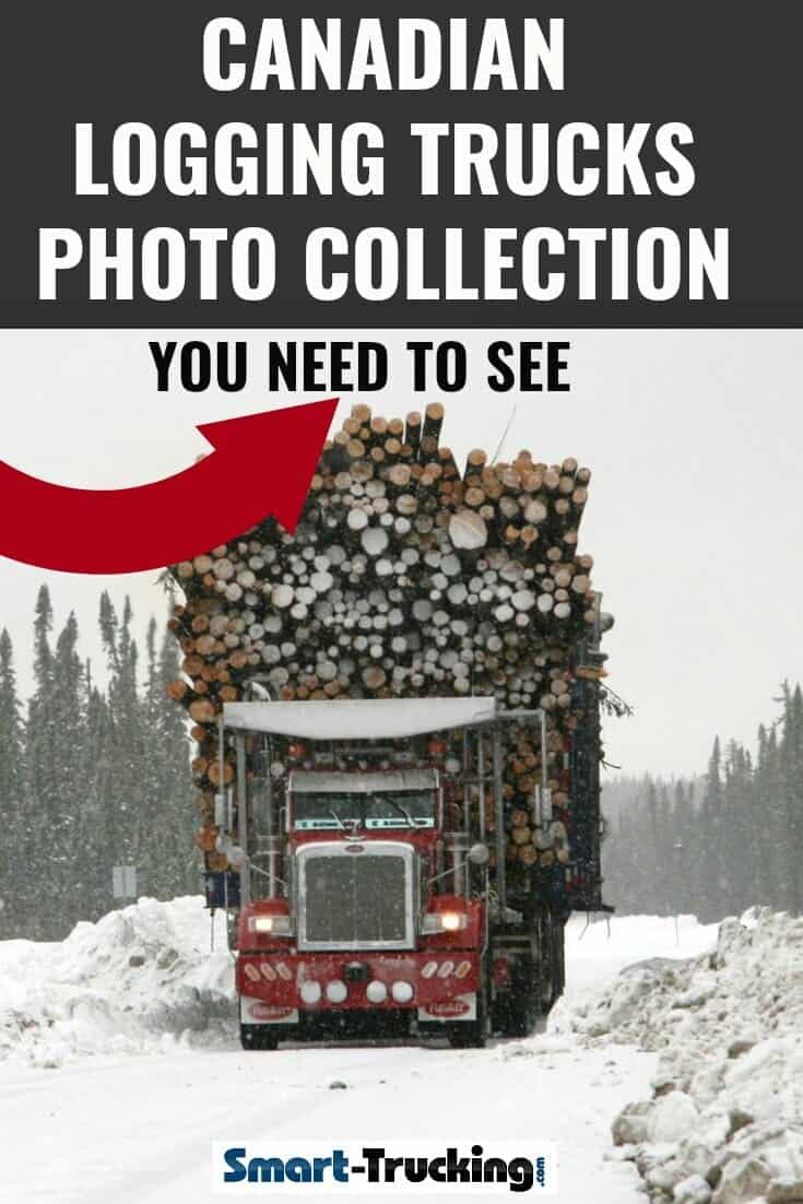 Big Kenworth Logging Truck Red Peterbilt Heavy Duty Class 8 Truck with load of logs on snow covered road