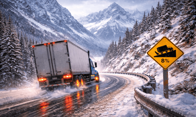 Semi truck on a snowy grade speeding. 