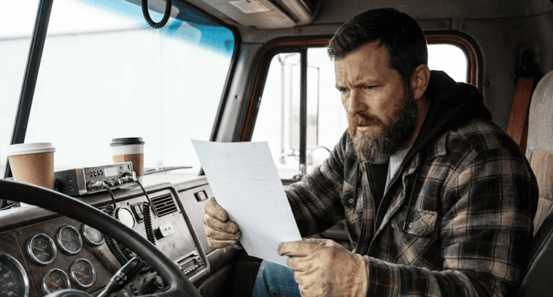 Truck driver looking at his pay statement in disbelief.