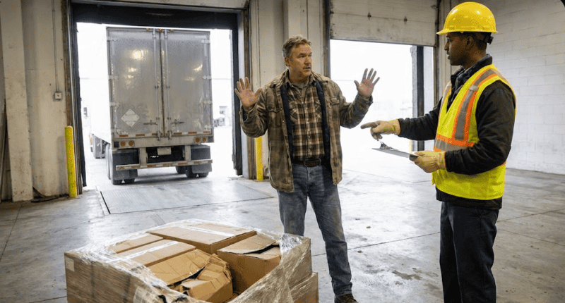 Truck Driver arguing with receiver at loading dock about damaged freight.