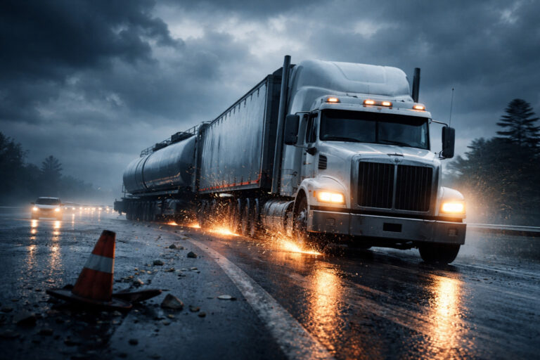 Truck on the Highway on slick road starting to jack knife.