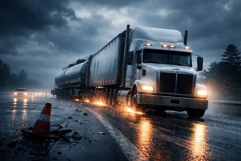 Truck on the Highway on slick road starting to jack knife.