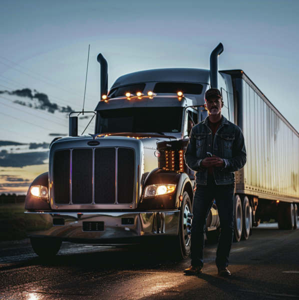 Truck Driver Standing Beside his truck at sunset