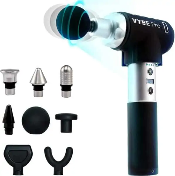 A photo of the Vybe Percussion Massage Gun. The various different attachments can also be seen.