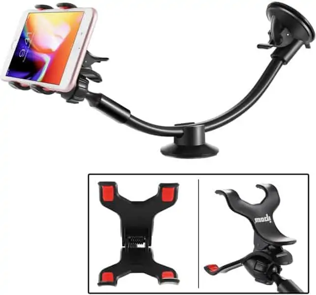 A photo of the IPOW Upgraded Truck Phone Mount Holder. It also shows two other phone attachments. 