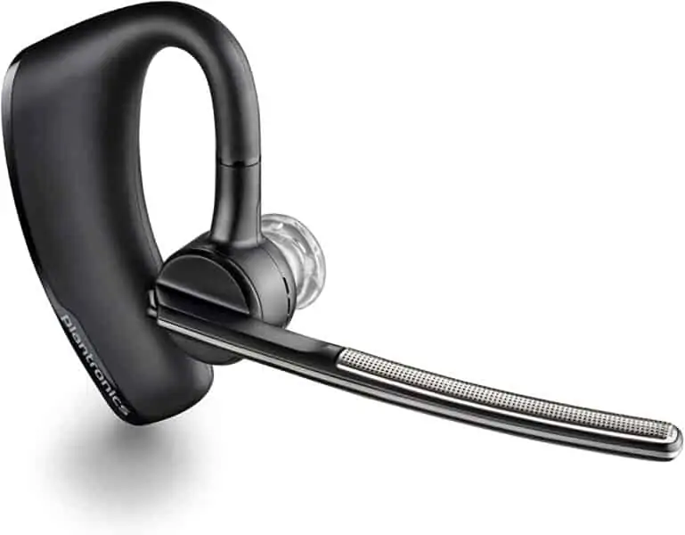 A photo of the Plantronics Voyager Legend wireless headset. It is black, with a curved piece for looping around your ear. 