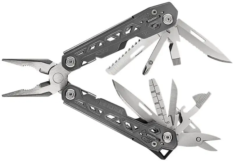 A photo of the Gerber Truss Multi-tool. It is similar to a pair of pliers, but with many tools that can be folded out. 