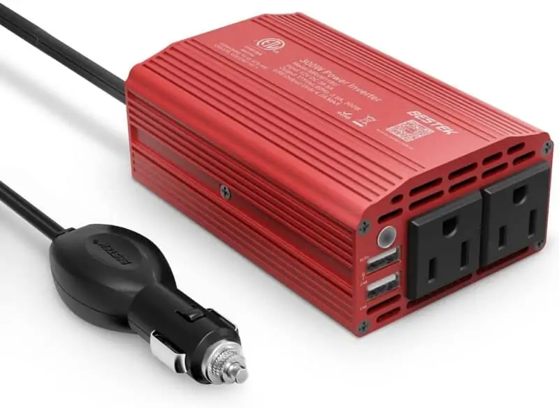 A photo of a Bestek power inverter. It looks like a red metal box with two power outlets. 