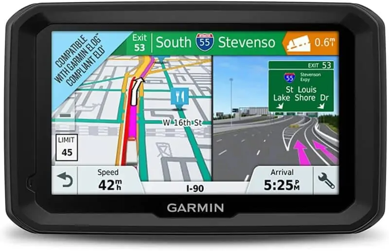 A photo of a Garmin GPS device. It has a large screen with a map and directions. 