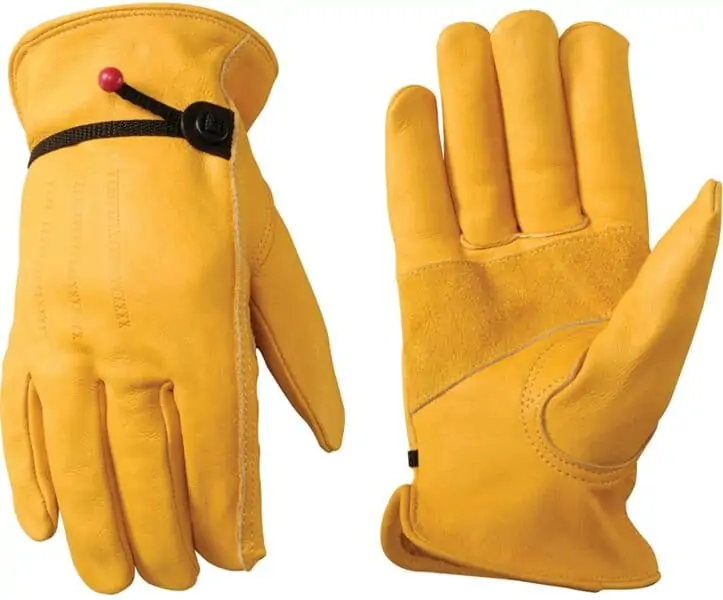 A photo of a pair of yellow leather driving gloves. 