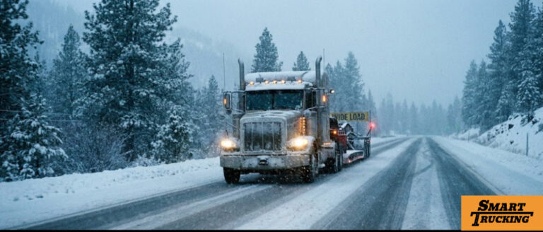 Semi truck in the winter on the highway