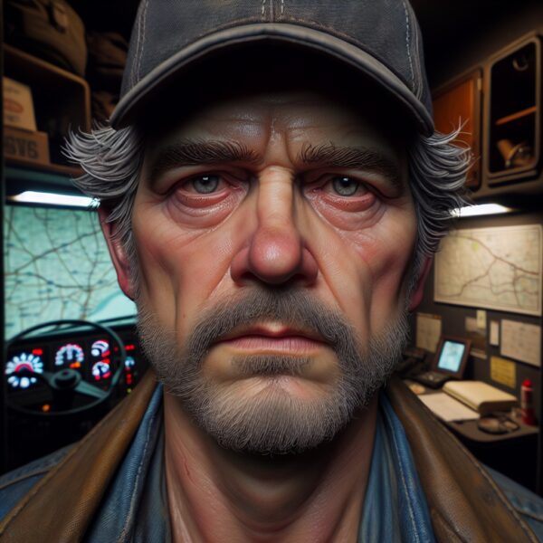 Burned Out Truck Driver with red eyes