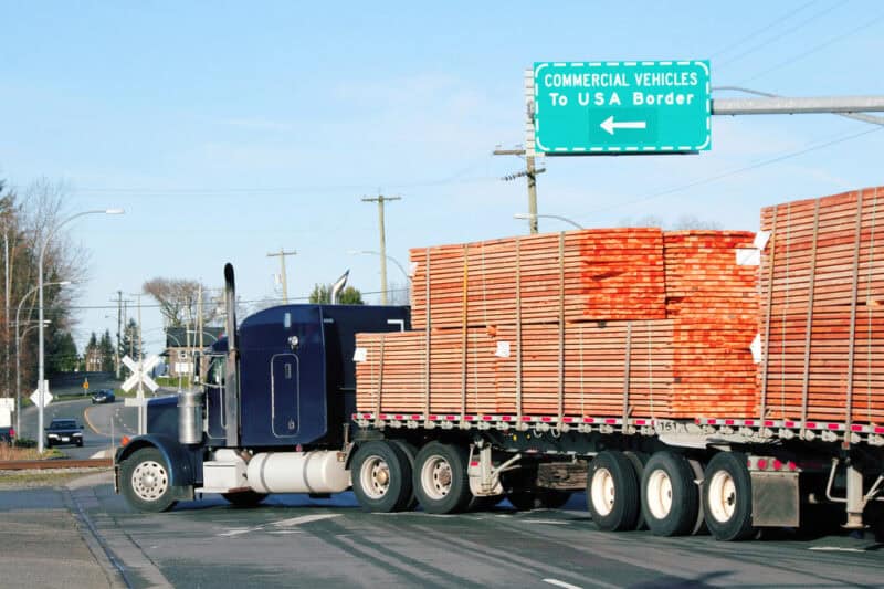 Flatbed trailer loaded with lumber