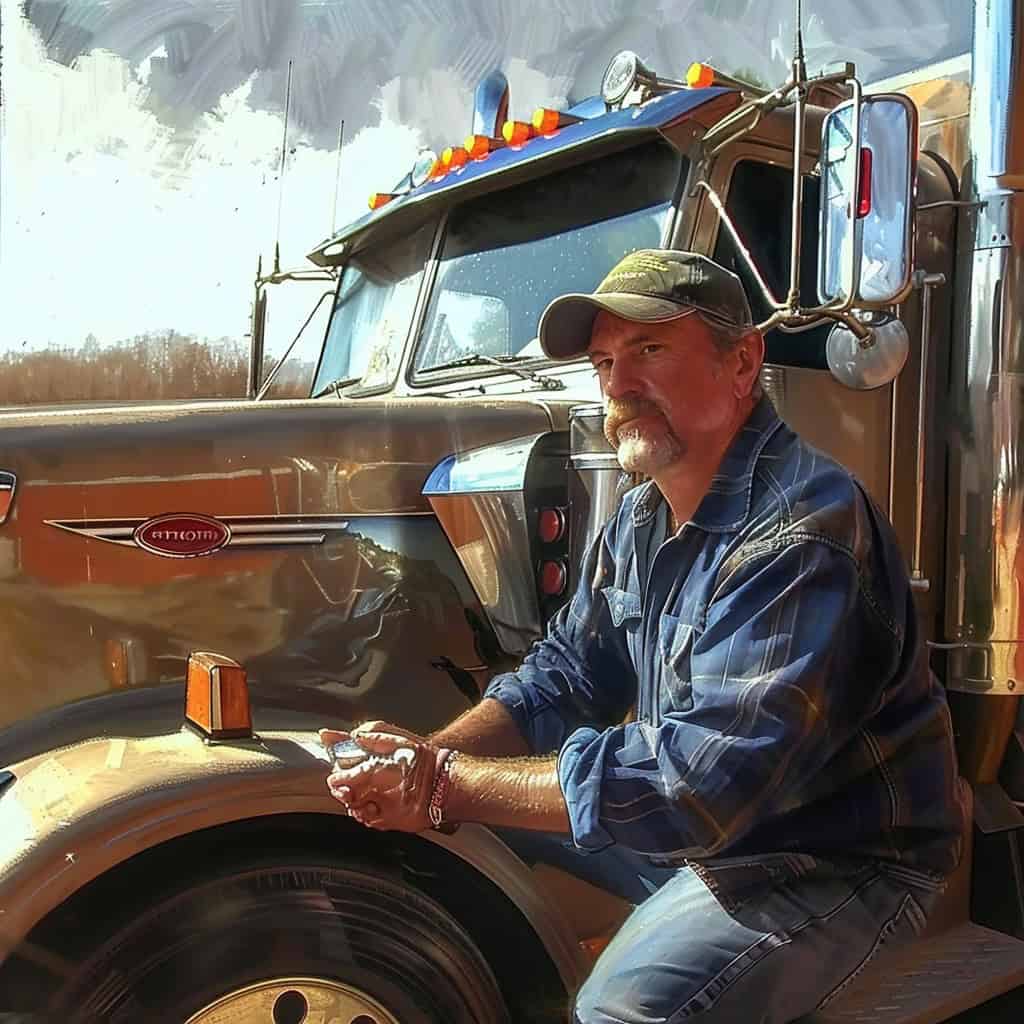 Truck Driver Beside His Long Hood Truck