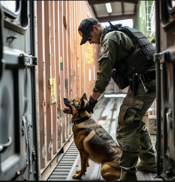Customs Border Patrol Officer with Drug Sniffing Dog