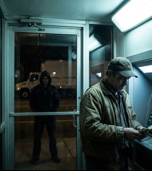 Truck Driver at ATM counting his cash, thief waits for him outside
