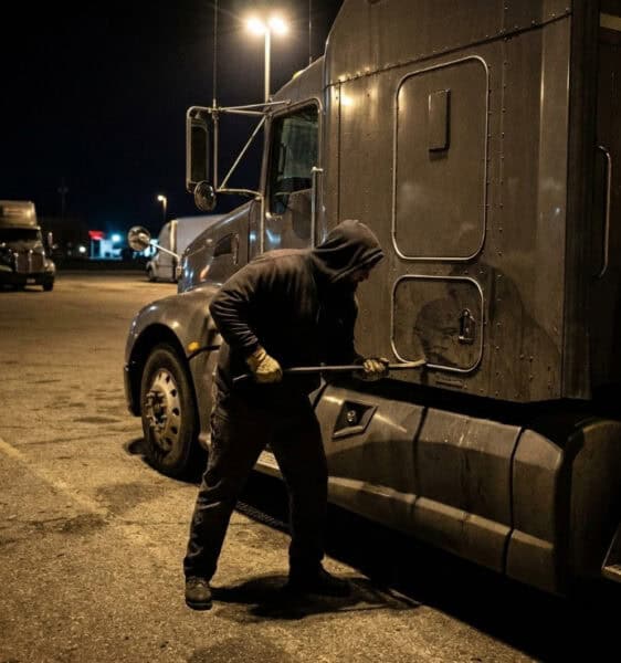 Breaking into a semi truck at night.