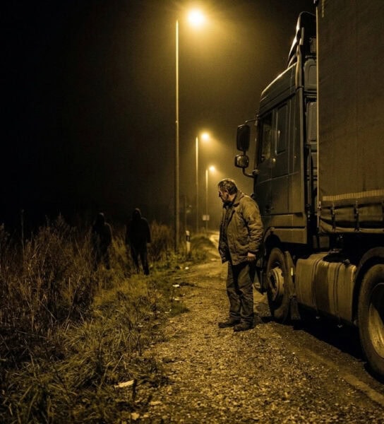 Roadside stop at night by trucker