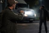 trucker shines a bright light into perpetrators eyes