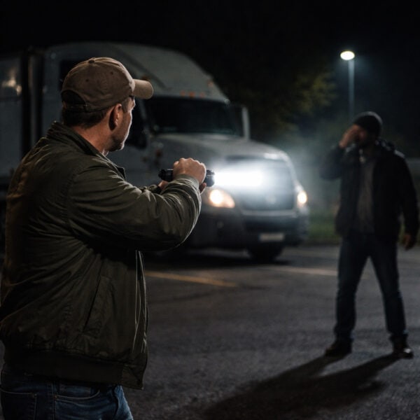 trucker shines a bright light into perpetrators eyes