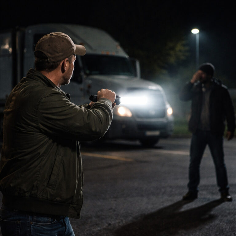 trucker shines a bright light into perpetrators eyes
