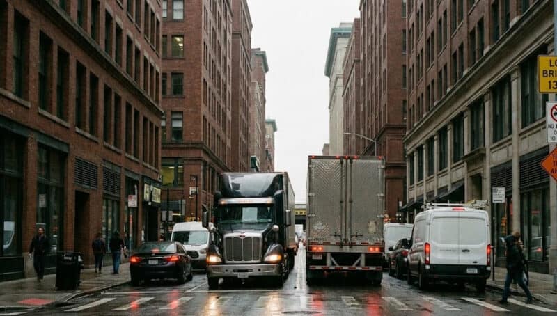 Urban trucking scene with large commercial vehicles in downtown city.