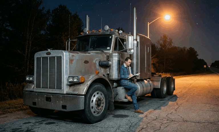 Truck Driver studying directions by his semi truck at night
