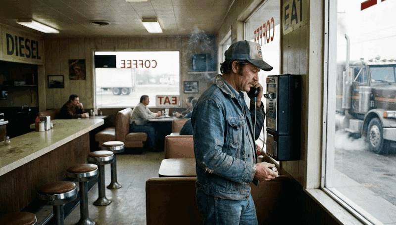 Truck driver at truck stop on a pay phone.