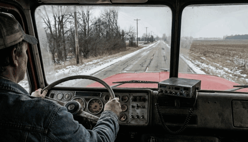 Truck driver navigating on a back road with his CB radio.