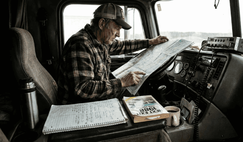 Old school truck driver studying his road map, in the cab of his truck.
