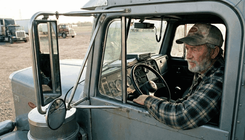 Old school truck driver behind the wheel of his rig.