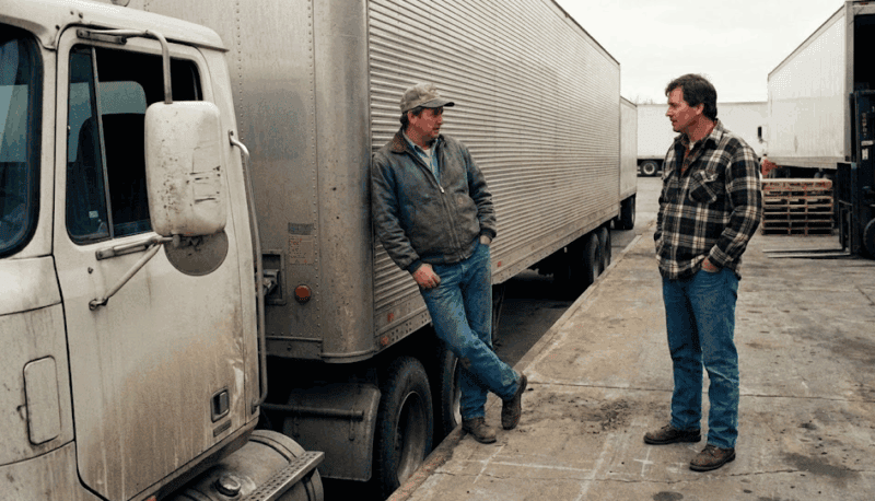 2 truck drivers talking while their trucks are being loaded.