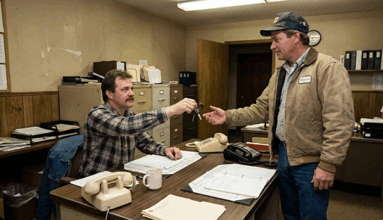 Trucking company boss handing truck keys to new driver.
