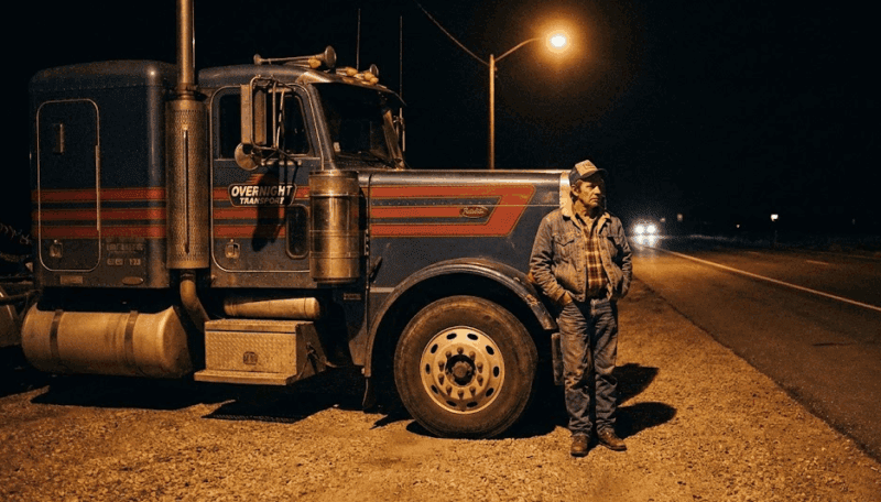 Truck driver standing by his truck at night