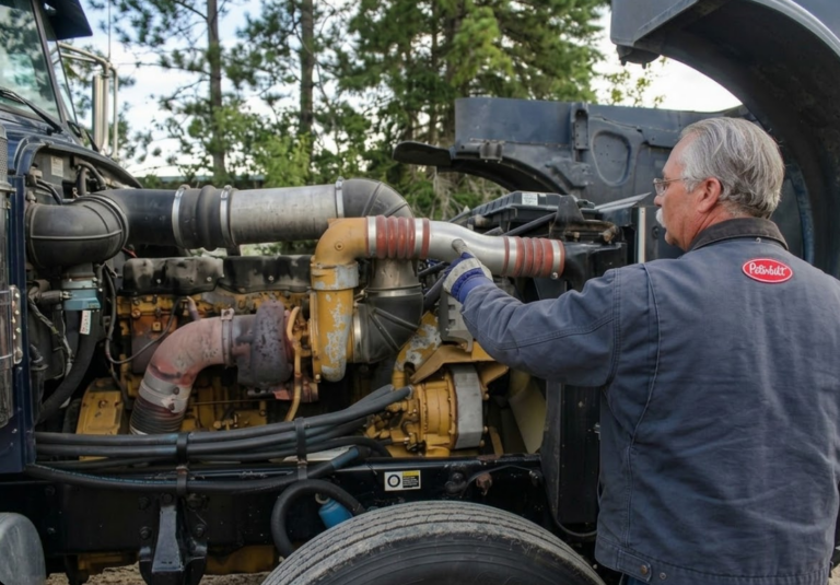 truck driver working on a cat diesel engine