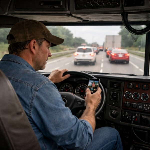 Truck driver looking at his phone while driving. 