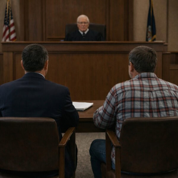 Truck driver being tried at a court case before a judge. 
