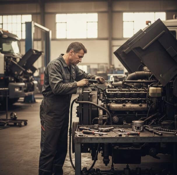 Mechanic working on a diesel engine.