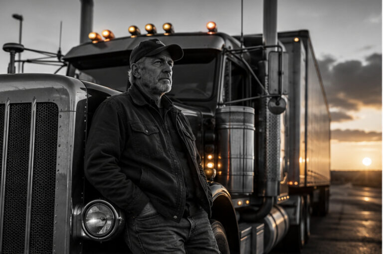 eteran truck driver beside classic semi truck at dawn representing old-school trucking professionalism