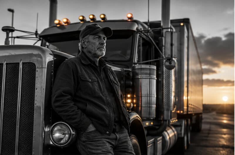 eteran truck driver beside classic semi truck at dawn representing old-school trucking professionalism