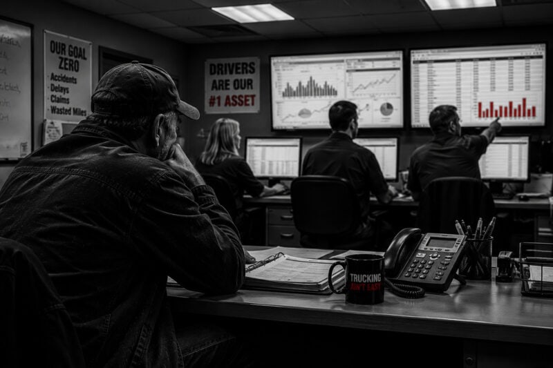 Dispatch office in a trucking company with a trucker overlooking all the high tech screens.