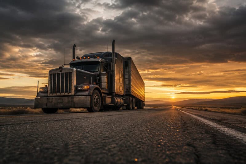 Truck on an open highway at sunset.